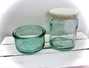 2 Aqua Blue-Green Glass Jars Apothecary Style + Fermenting top - Made in Spain